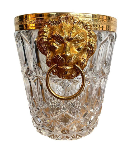 VAL SAINT LAMBERT CRYSTAL CHAMPAGNE BUCKET WITH GILT METAL LION HEAD HANDLES