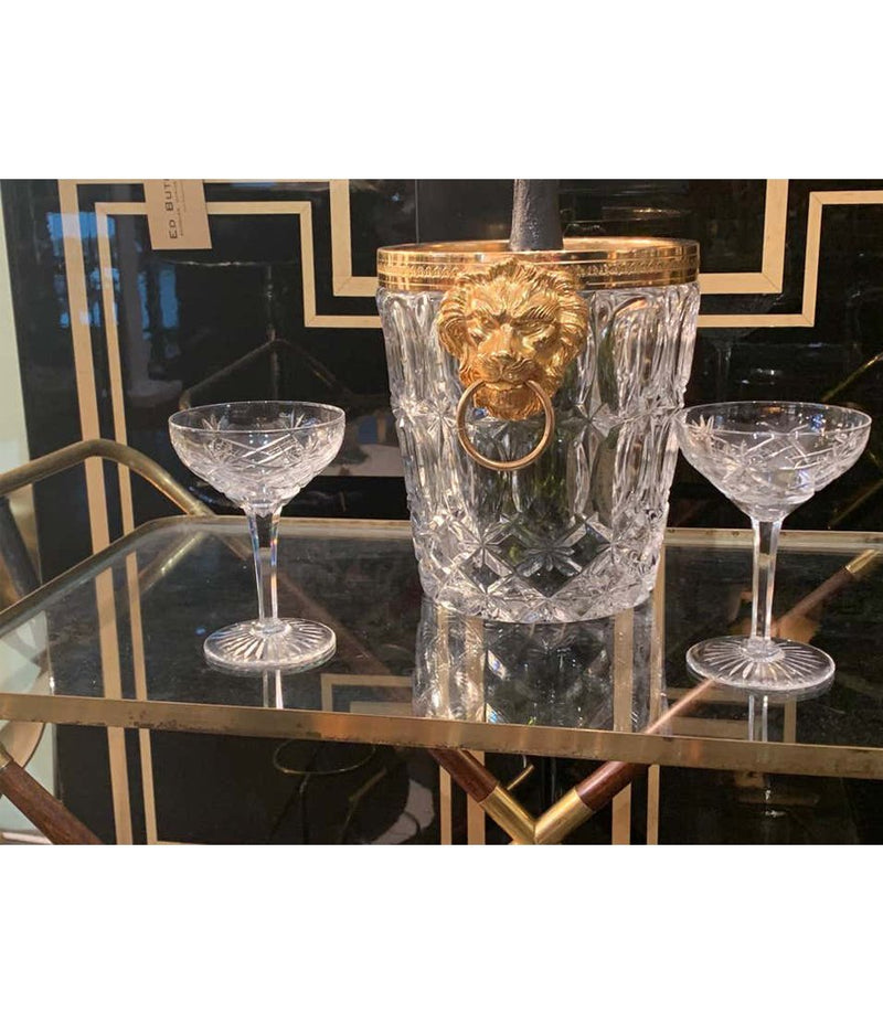 VAL SAINT LAMBERT CRYSTAL CHAMPAGNE BUCKET WITH GILT METAL LION HEAD HANDLES