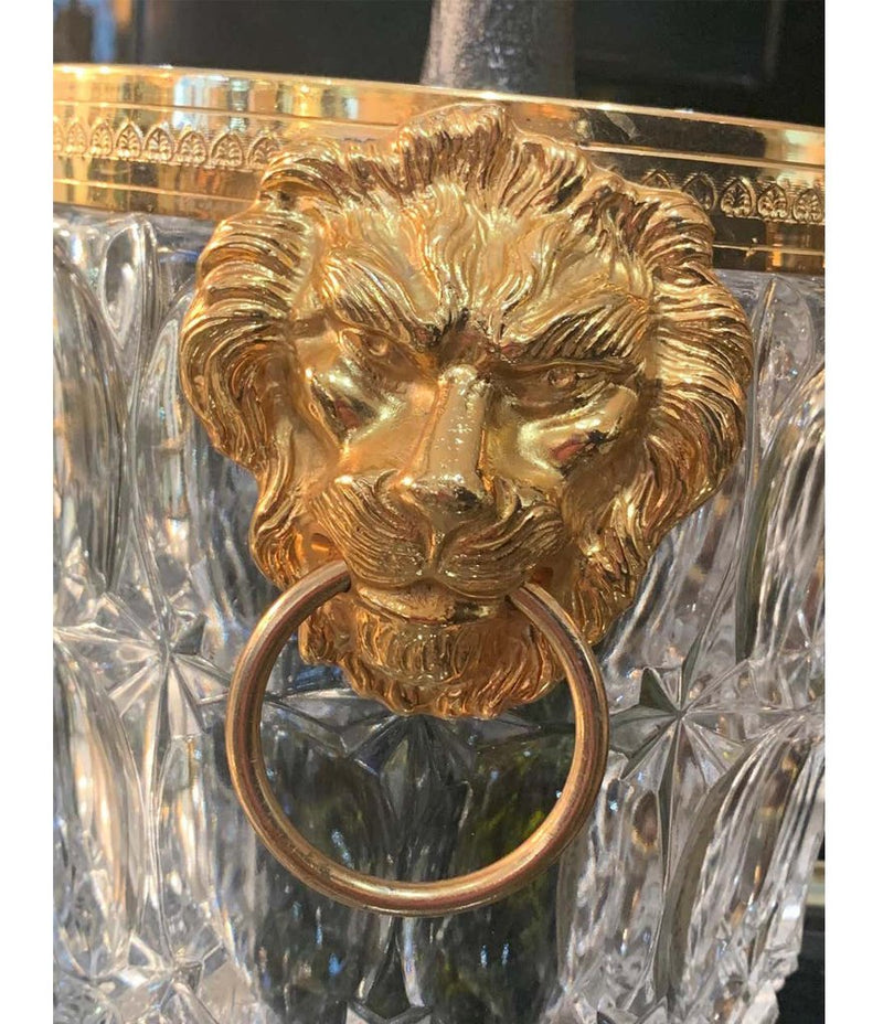 VAL SAINT LAMBERT CRYSTAL CHAMPAGNE BUCKET WITH GILT METAL LION HEAD HANDLES