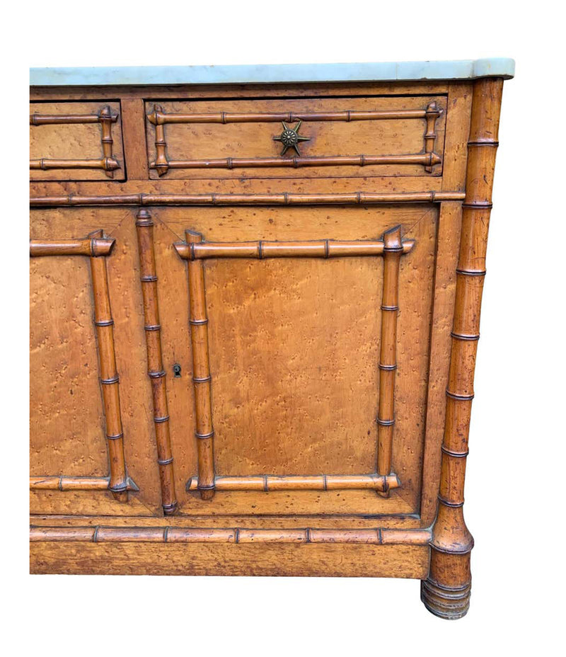 VICTORIAN BIRD’S-EYE MAPLE CONSOLE CABINET WITH FAUX BAMBOO AND MARBLE TOP