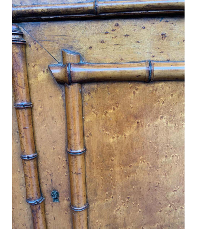 VICTORIAN BIRD’S-EYE MAPLE CONSOLE CABINET WITH FAUX BAMBOO AND MARBLE TOP