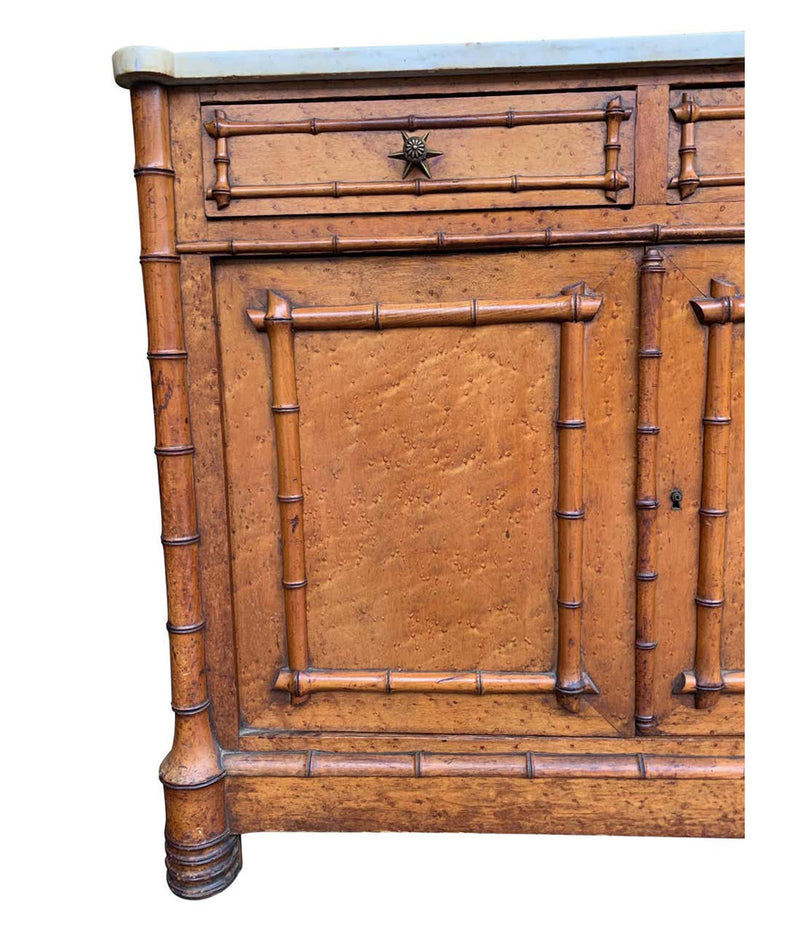 VICTORIAN BIRD’S-EYE MAPLE CONSOLE CABINET WITH FAUX BAMBOO AND MARBLE TOP